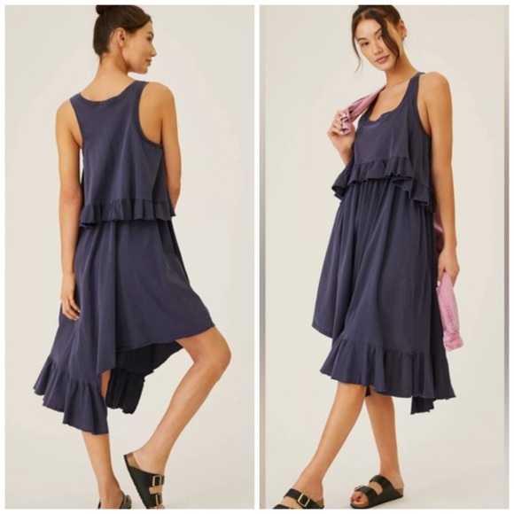 Anthropologie Daily Practice Blue Patricia Asymmetrical Ruffle Midi Dress SP - Picture 1 of 8